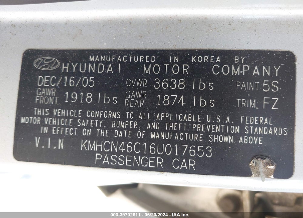 2006 HYUNDAI ACCENT GLS VIN: KMHCN46C16U017653