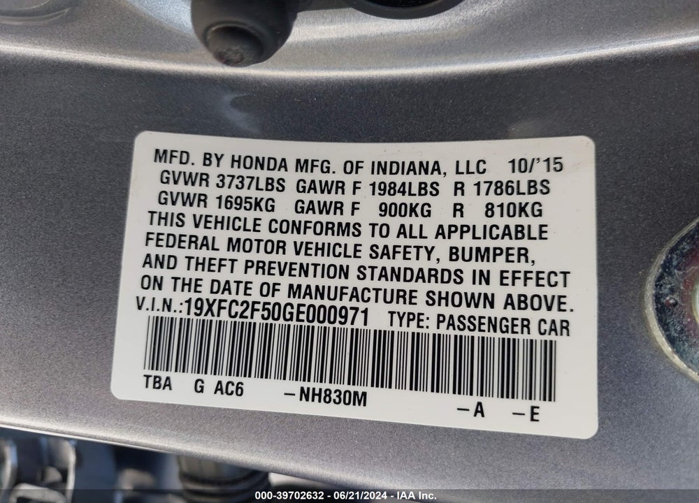 2016 HONDA CIVIC LX VIN: 19XFC2F50GE000971