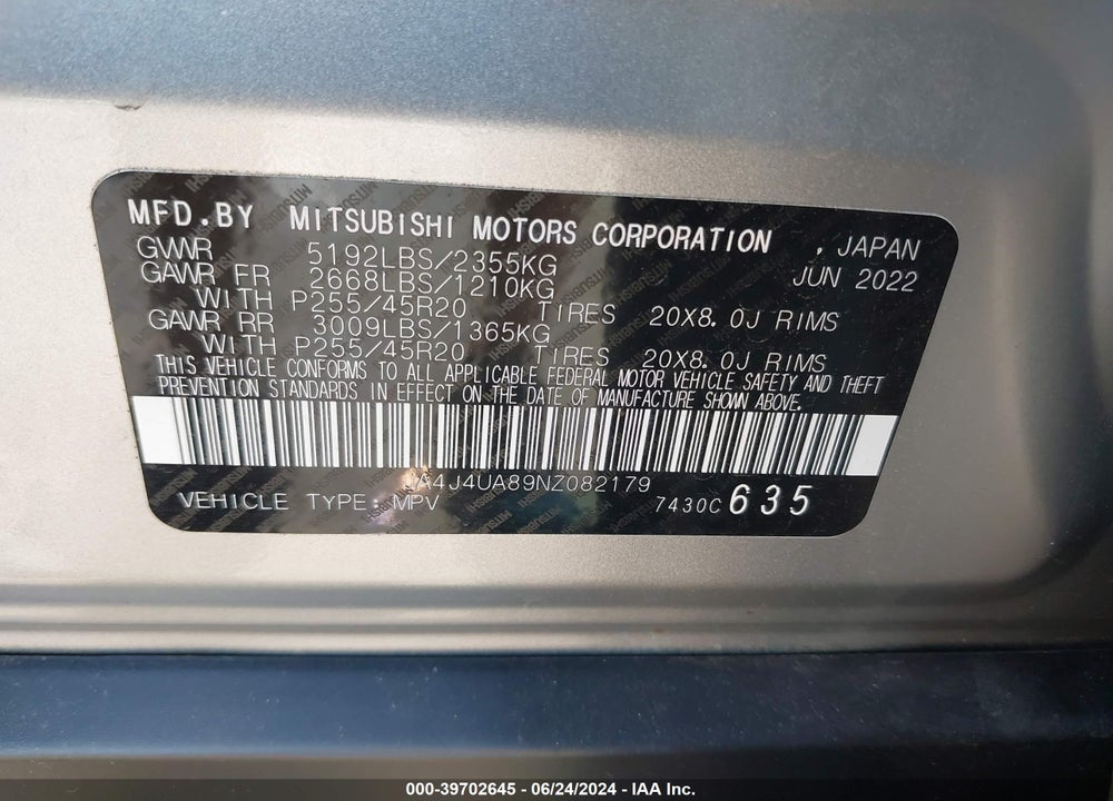 2022 MITSUBISHI OUTLANDER BLACK EDITION S-AWC/SE 2.5 S-AWC/SE LAUNCH EDITION S-AWC VIN: JA4J4UA89NZ082179