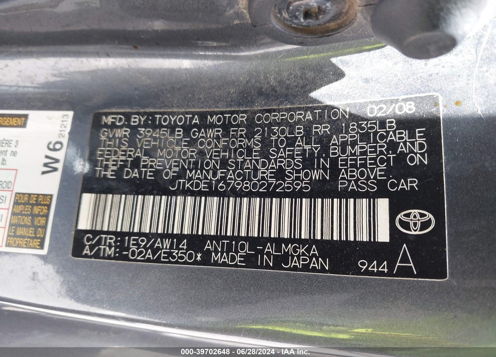 2008 SCION TC VIN: JTKDE167980272595