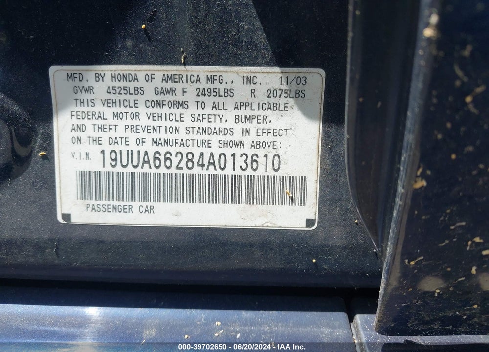 2004 ACURA TL VIN: 19UUA66284A013610