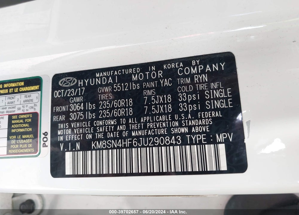 2018 HYUNDAI SANTA FE SE VIN: KM8SN4HF6JU290843