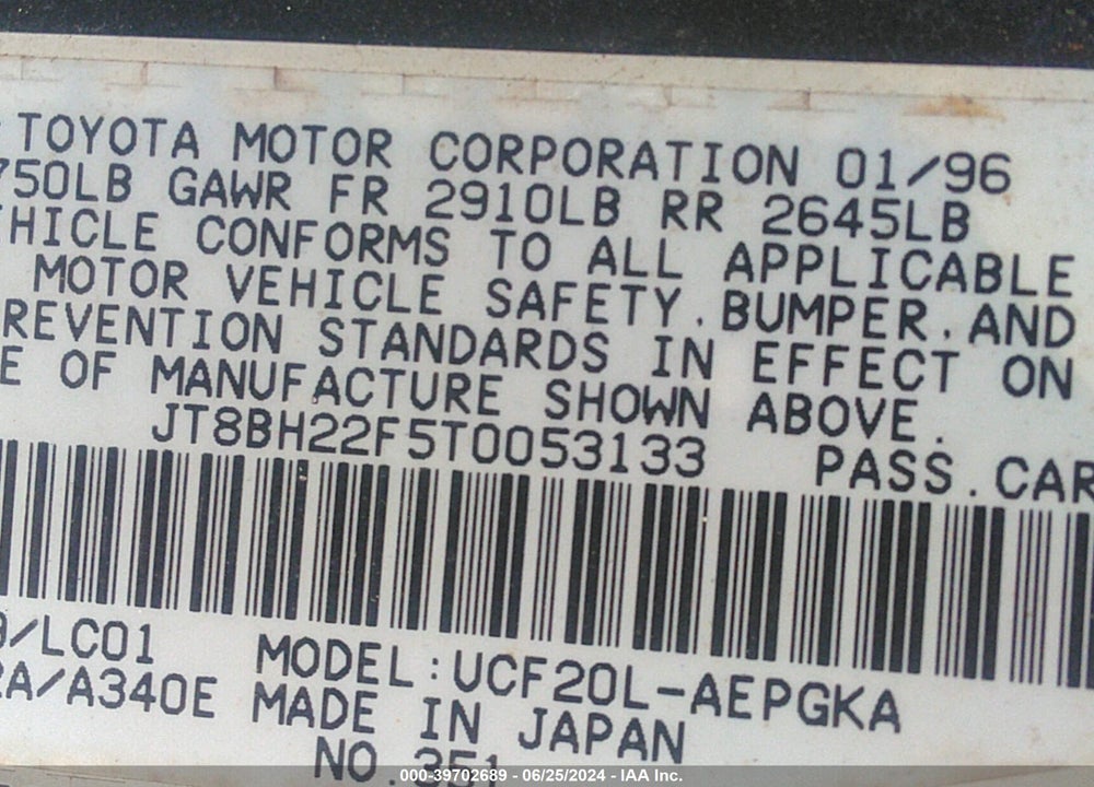 1996 LEXUS LS VIN: JT8BH22F5T0053133