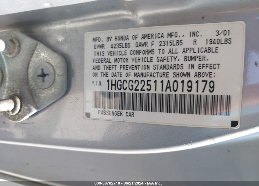 2001 HONDA ACCORD 3.0 EX VIN: 1HGCG22511A019179