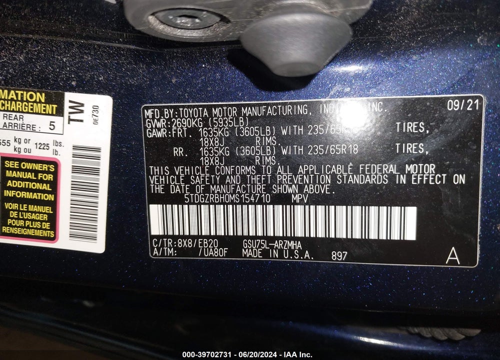 2021 TOYOTA HIGHLANDER XLE VIN: 5TDGZRBH0MS154710