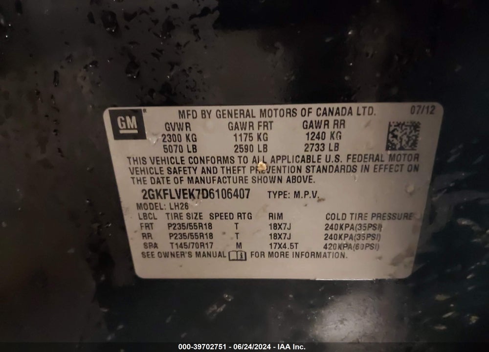 2013 GMC TERRAIN SLT-1 VIN: 2GKFLVEK7D6106407