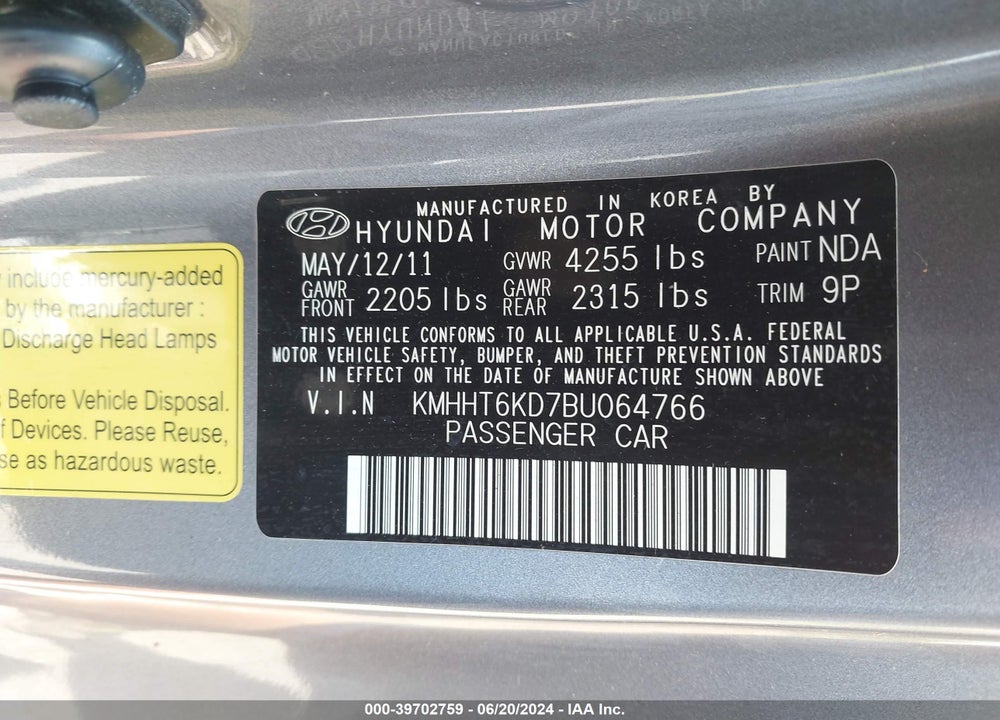 2011 HYUNDAI GENESIS 2.0T PREMIUM VIN: KMHHT6KD7BU064766