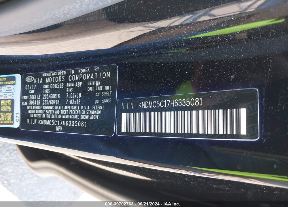 2017 KIA SEDONA EX VIN: KNDMC5C17H6335081