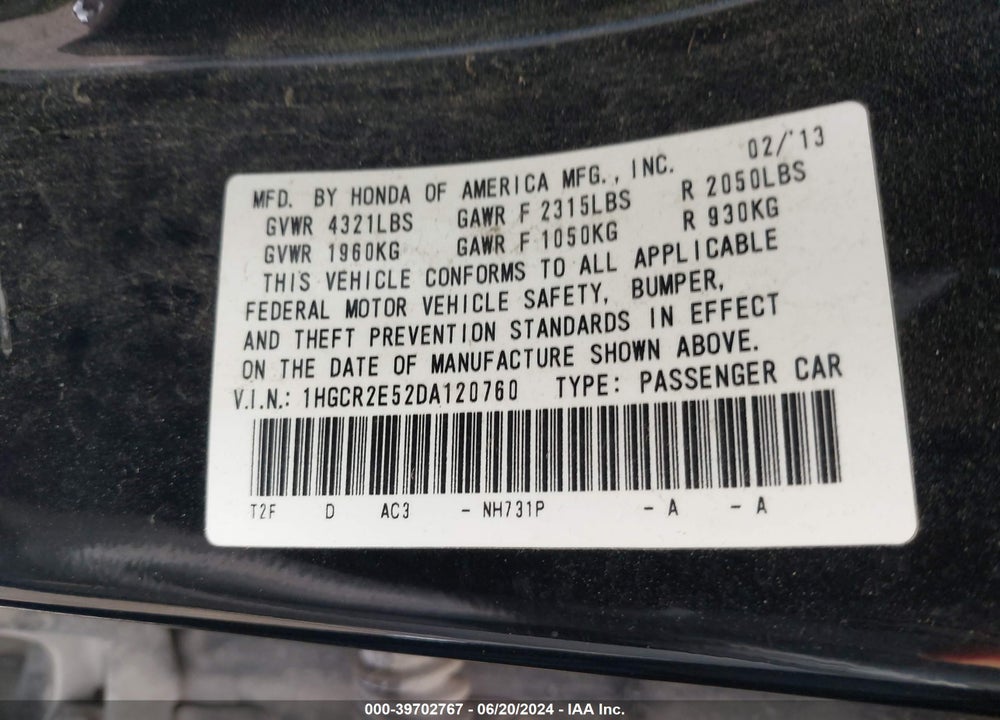 2013 HONDA ACCORD SPORT VIN: 1HGCR2E52DA120760