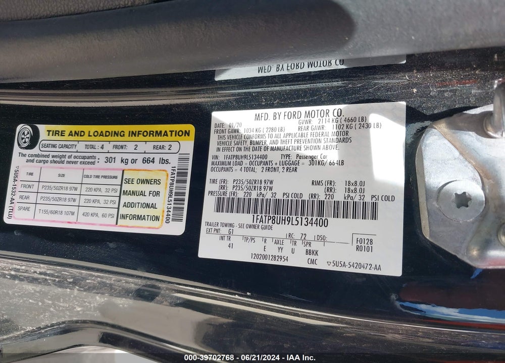 2020 FORD MUSTANG ECOBOOST PREMIUM VIN: 1FATP8UH9L5134400