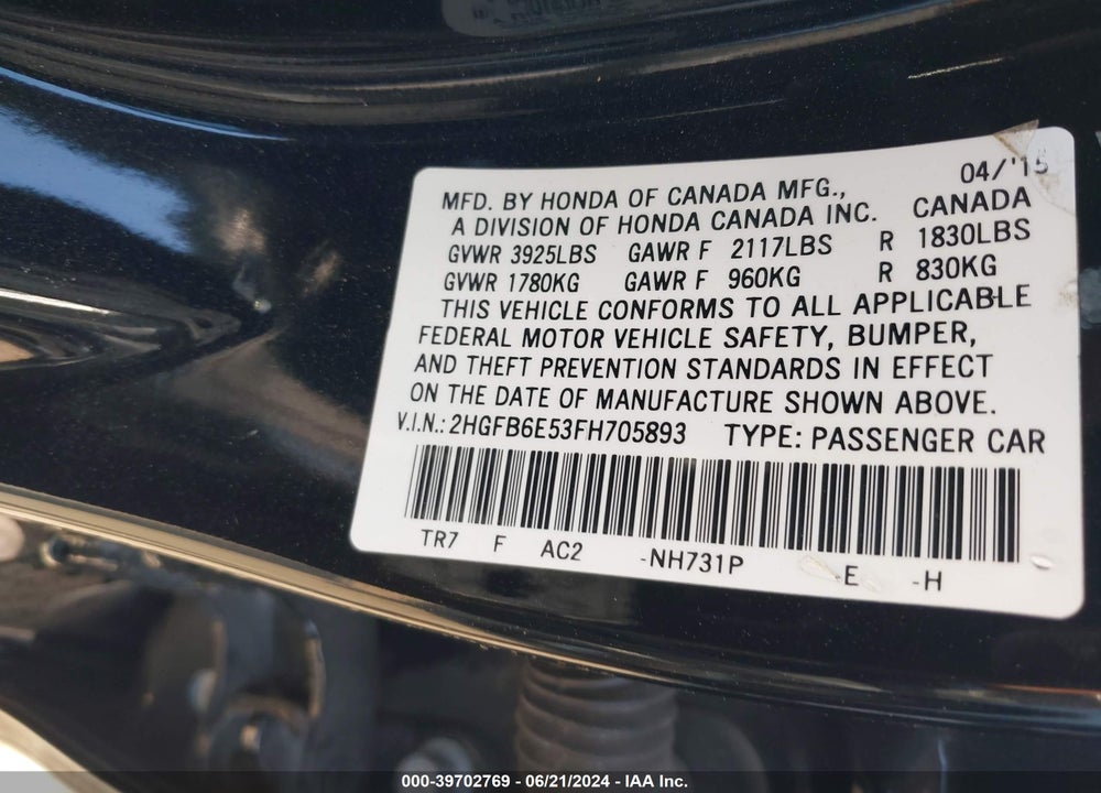 2015 HONDA CIVIC SI VIN: 2HGFB6E53FH705893