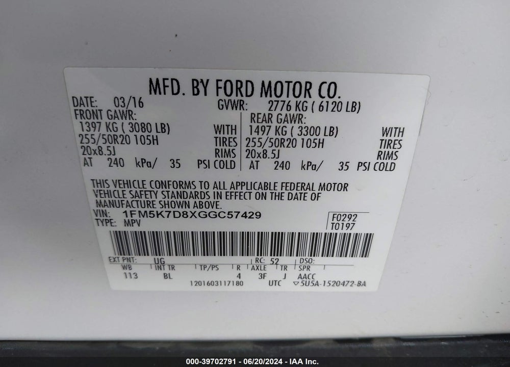 2016 FORD EXPLORER XLT VIN: 1FM5K7D8XGGC57429