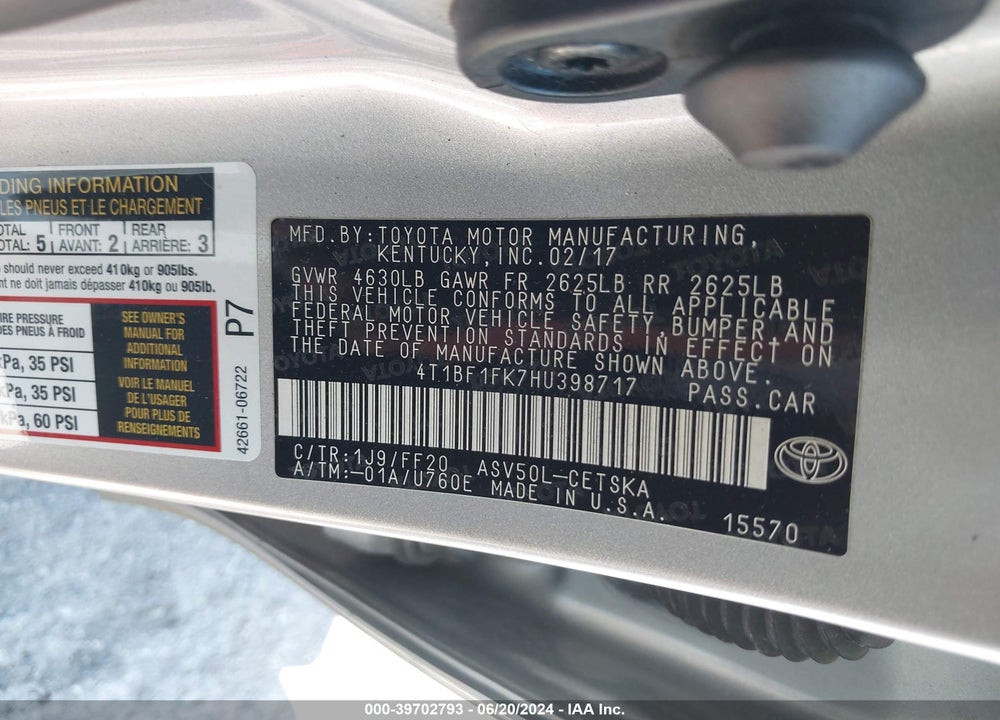 2017 TOYOTA CAMRY SE VIN: 4T1BF1FK7HU398717