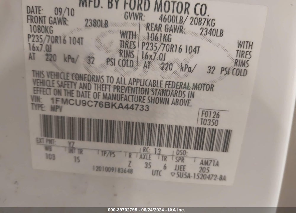 2011 FORD ESCAPE XLS VIN: 1FMCU9C76BKA44733