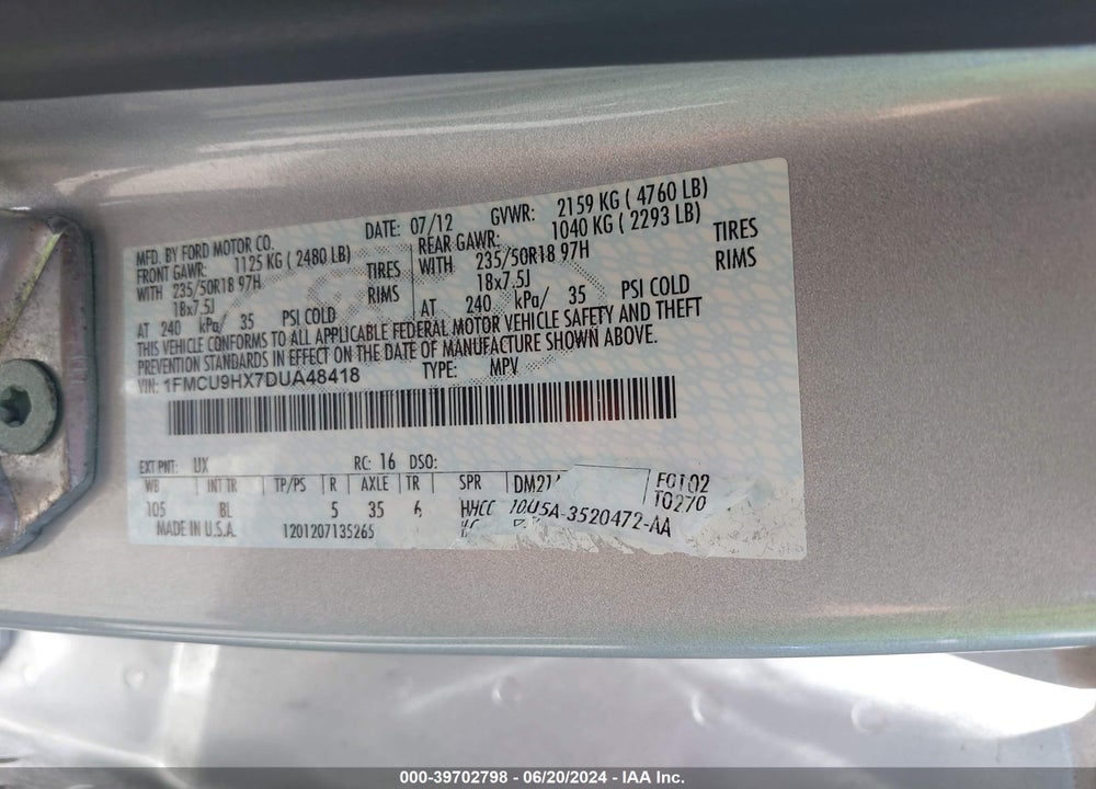 2013 FORD ESCAPE SEL VIN: 1FMCU9HX7DUA48418