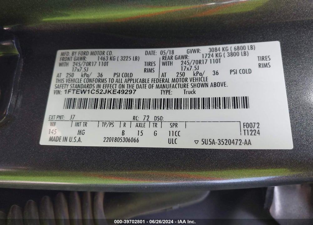 2018 FORD F-150 XLT VIN: 1FTEW1C52JKE49297