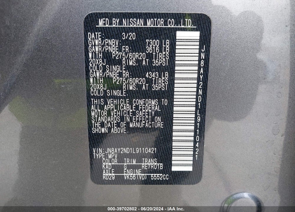 2020 NISSAN ARMADA SL 2WD VIN: JN8AY2ND1L9110421
