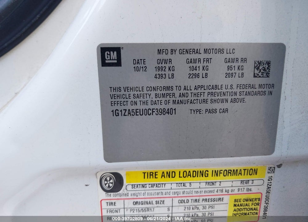 2012 CHEVROLET MALIBU LS VIN: 1G1ZA5EU0CF398401