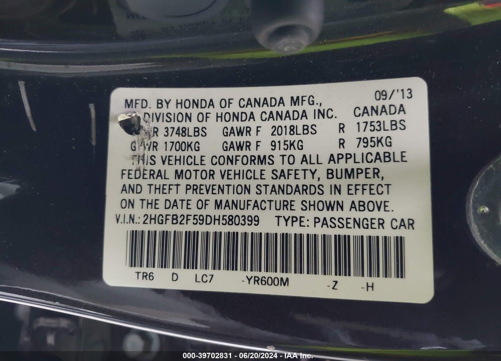 2013 HONDA CIVIC LX VIN: 2HGFB2F59DH580399