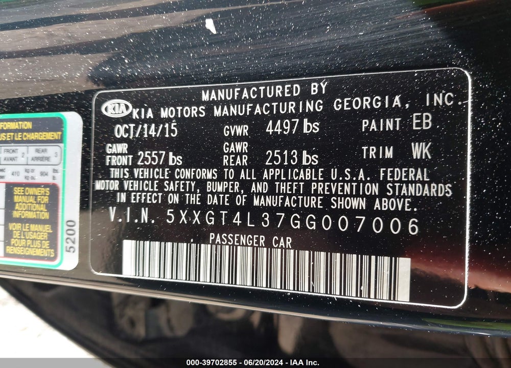 2016 KIA OPTIMA LX VIN: 5XXGT4L37GG007006