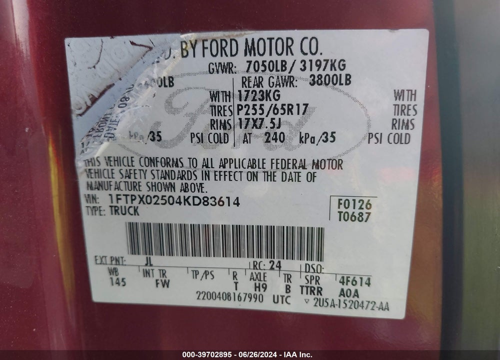 2004 FORD F-150 XLT VIN: 1FTPX02504KD83614