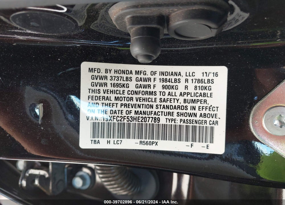 2017 HONDA CIVIC LX VIN: 19XFC2F53HE207789