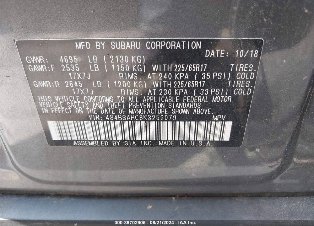 2019 SUBARU OUTBACK 2.5I PREMIUM VIN: 4S4BSAHC8K3252079
