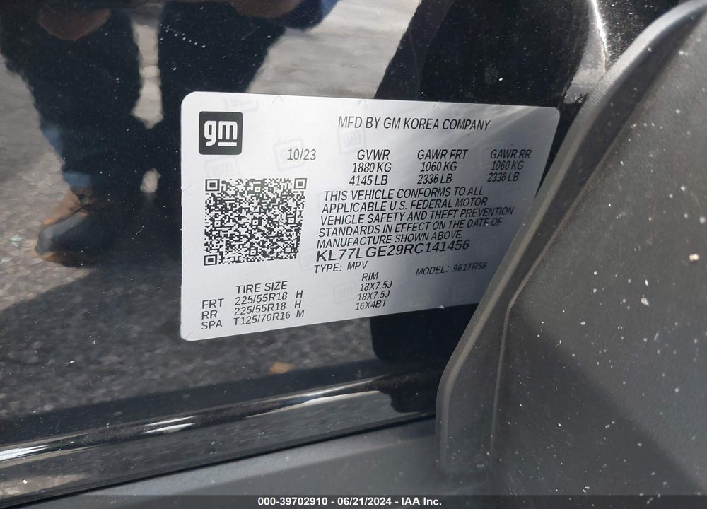 2024 CHEVROLET TRAX FWD 1RS VIN: KL77LGE29RC141456