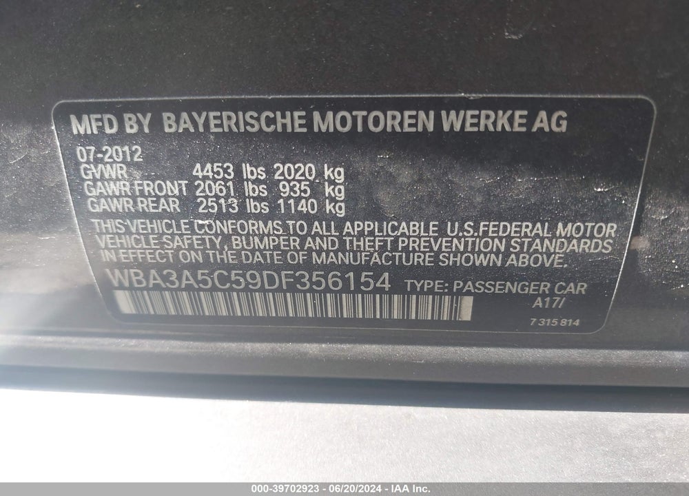 2013 BMW 328I VIN: WBA3A5C59DF356154