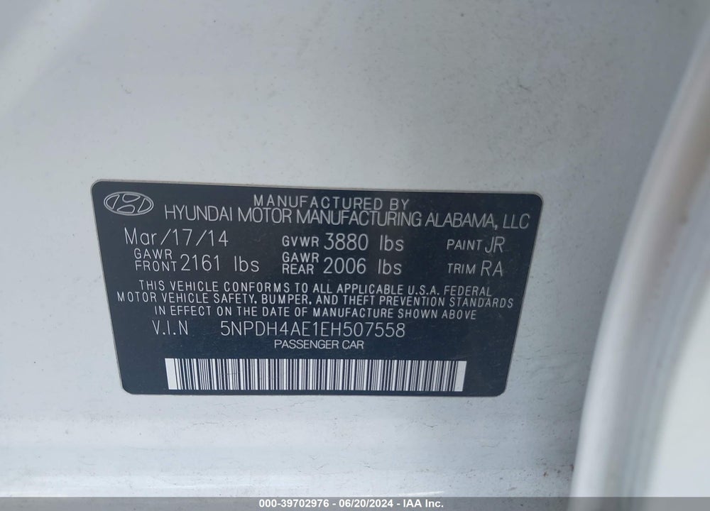2014 HYUNDAI ELANTRA SE VIN: 5NPDH4AE1EH507558