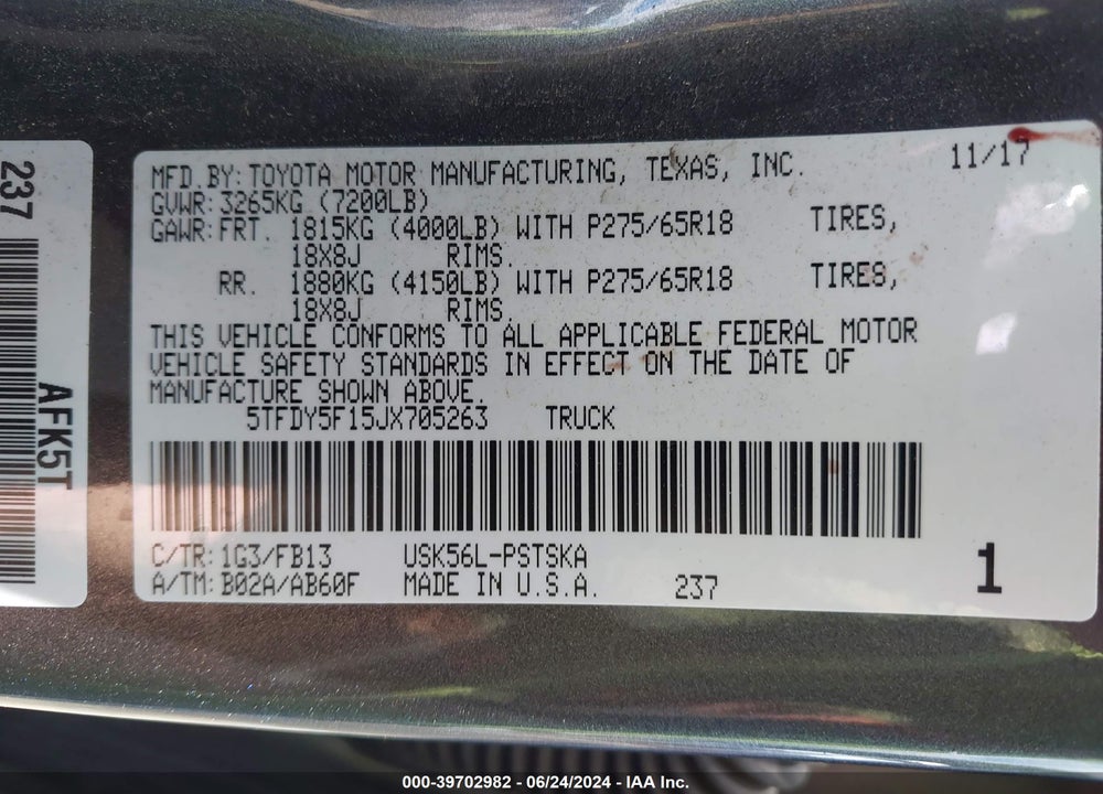 2018 TOYOTA TUNDRA SR5 5.7L V8 VIN: 5TFDY5F15JX705263