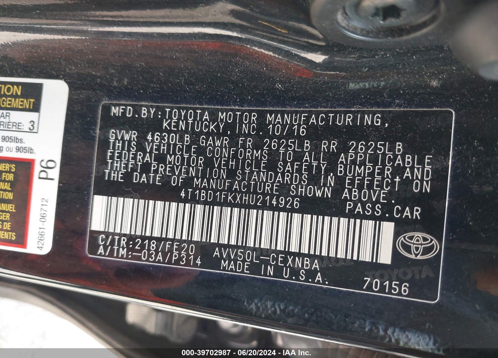 2017 TOYOTA CAMRY HYBRID LE VIN: 4T1BD1FKXHU214926