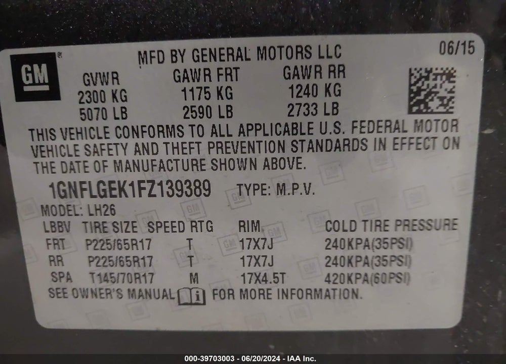 2015 CHEVROLET EQUINOX 2LT VIN: 1GNFLGEK1FZ139389