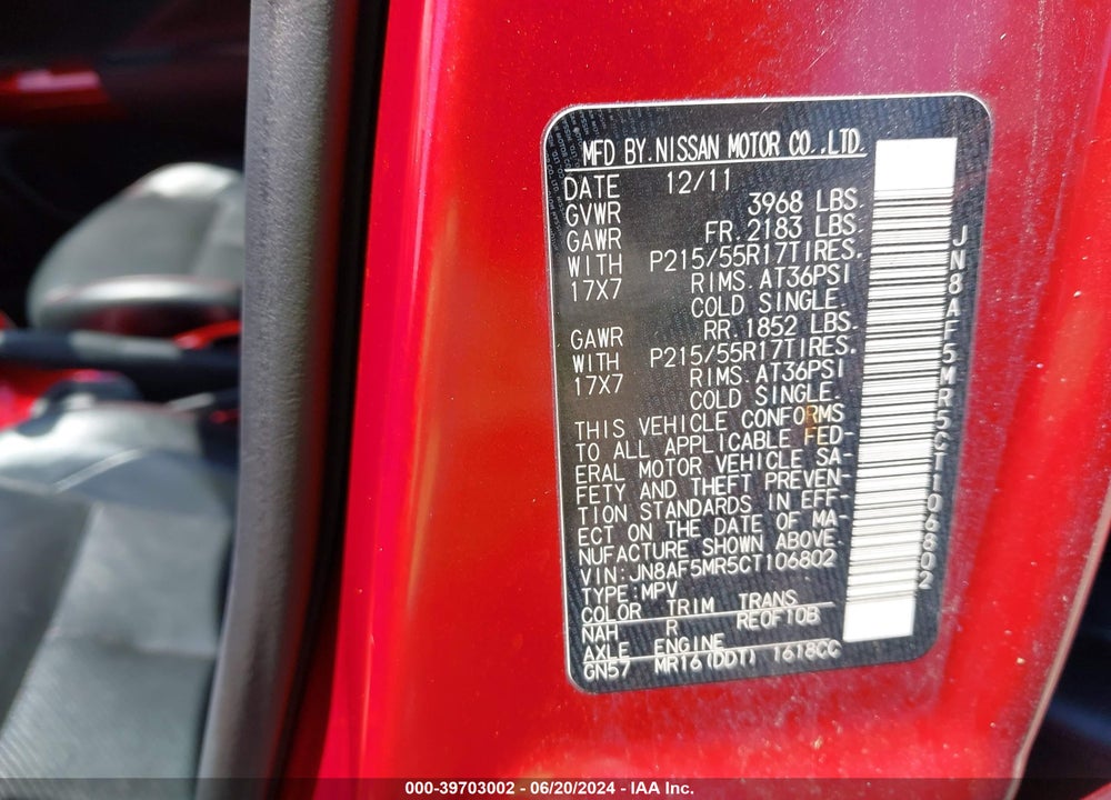 2012 NISSAN JUKE SL VIN: JN8AF5MR5CT106802