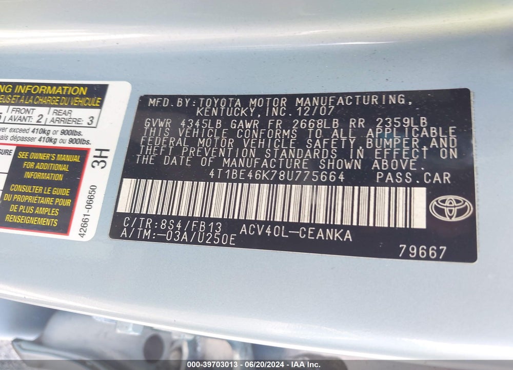 2008 TOYOTA CAMRY LE VIN: 4T1BE46K78U775664