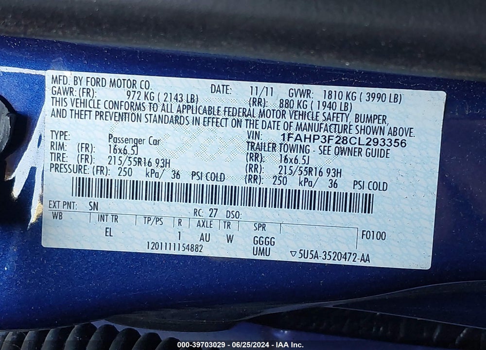 2012 FORD FOCUS SE VIN: 1FAHP3F28CL293356