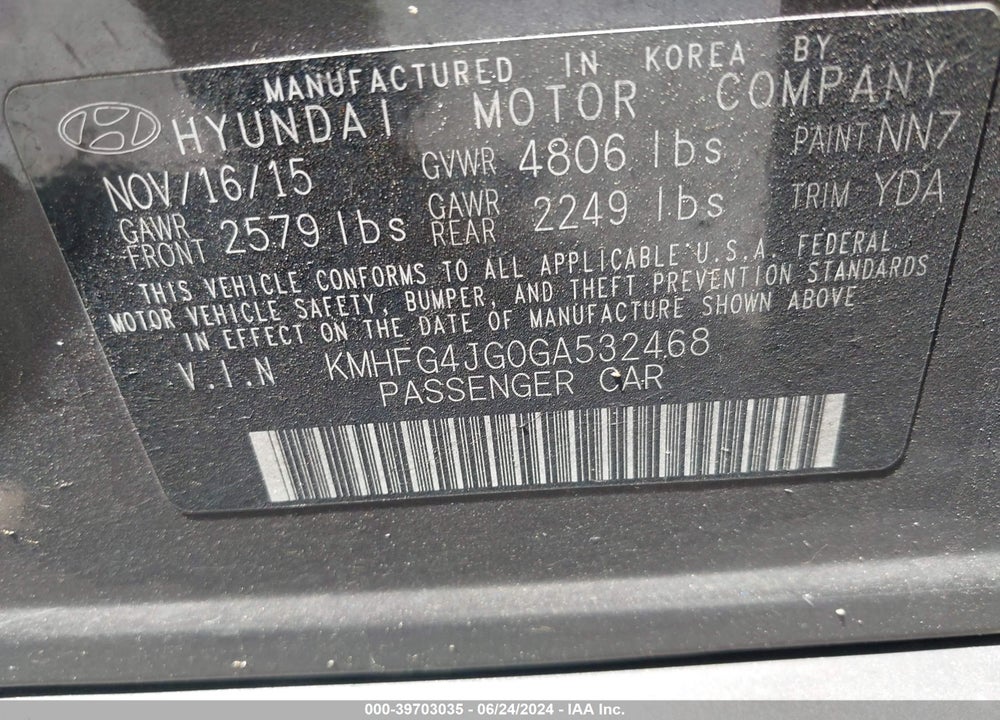 2016 HYUNDAI AZERA VIN: KMHFG4JG0GA532468
