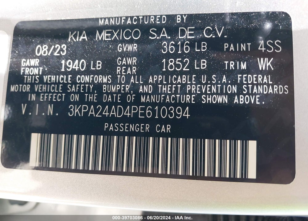 2023 KIA RIO LX VIN: 3KPA24AD4PE610394