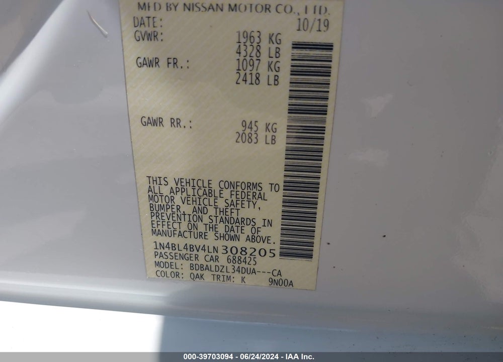 2020 NISSAN ALTIMA S FWD VIN: 1N4BL4BV4LN308205