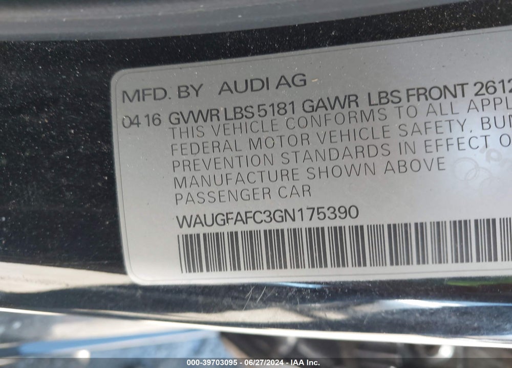 2016 AUDI A6 2.0T PREMIUM PLUS VIN: WAUGFAFC3GN175390