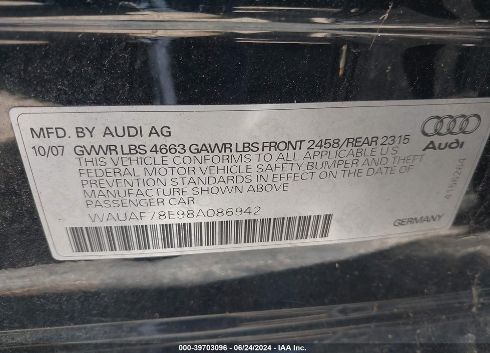 2008 AUDI A4 2.0T VIN: WAUAF78E98A086942