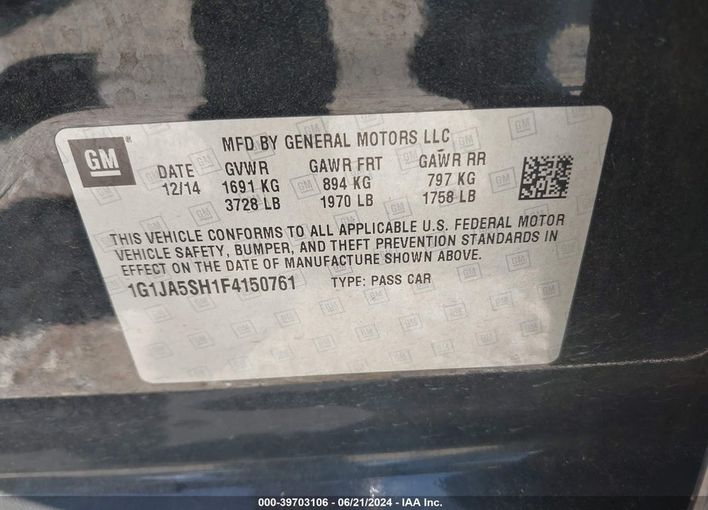 2015 CHEVROLET SONIC LS AUTO VIN: 1G1JA5SH1F4150761