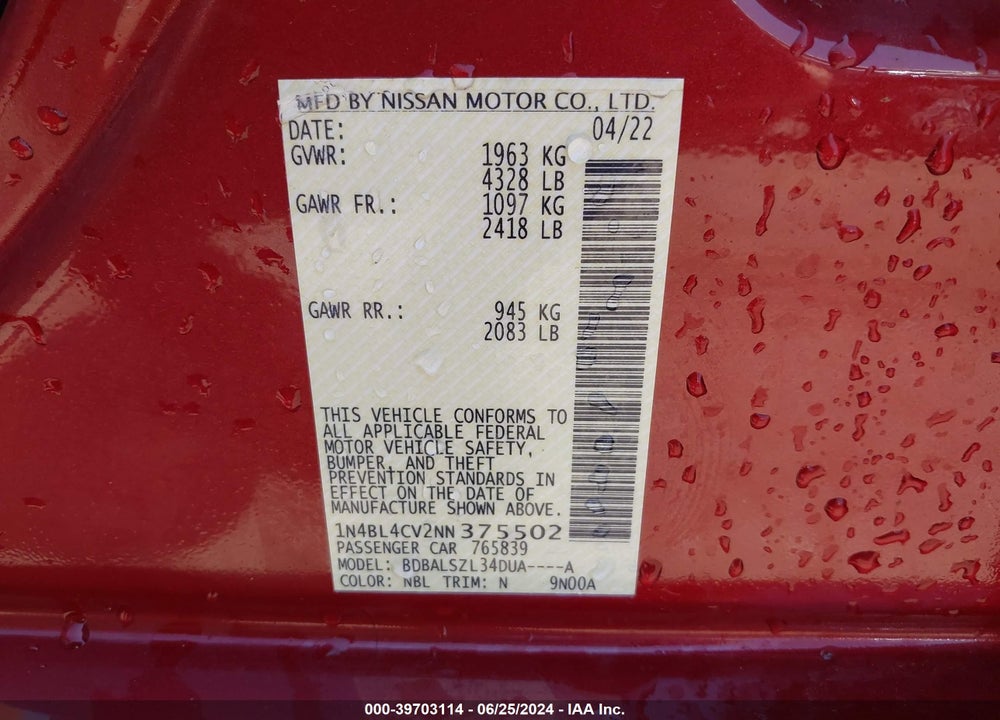 2022 NISSAN ALTIMA VIN: 1N4BL4CV2NN375502