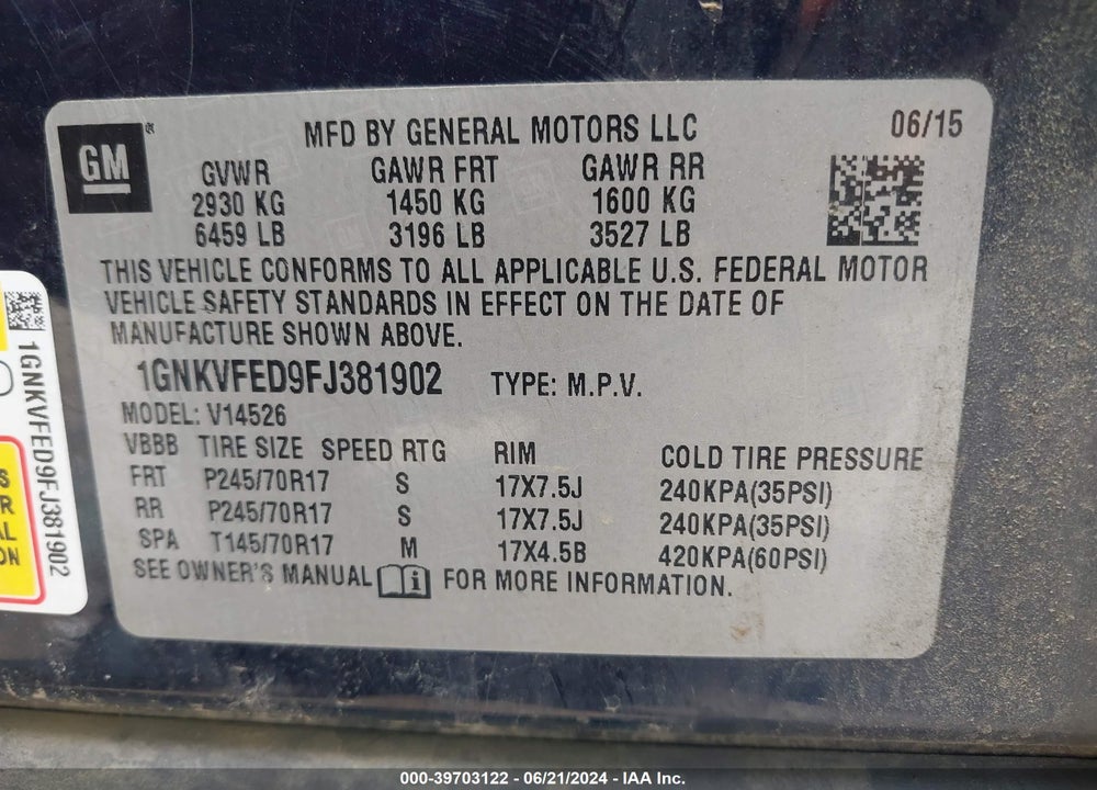 2015 CHEVROLET TRAVERSE LS VIN: 1GNKVFED9FJ381902