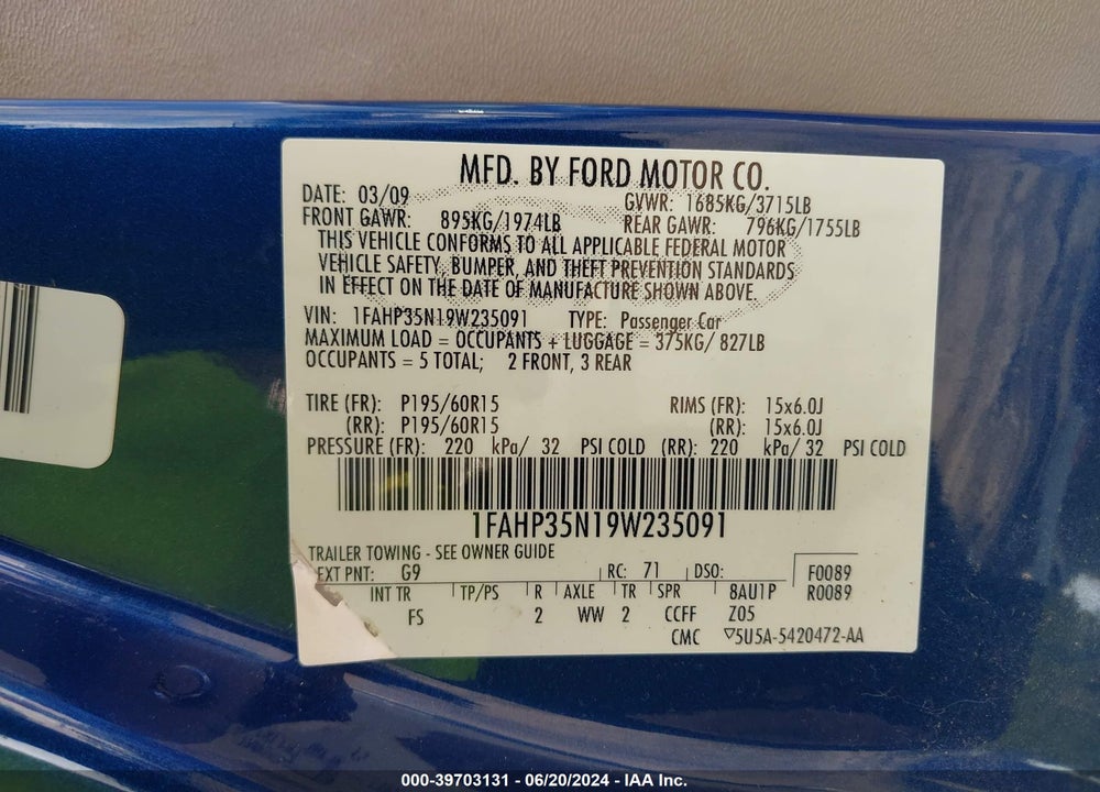 2009 FORD FOCUS SE VIN: 1FAHP35N19W235091