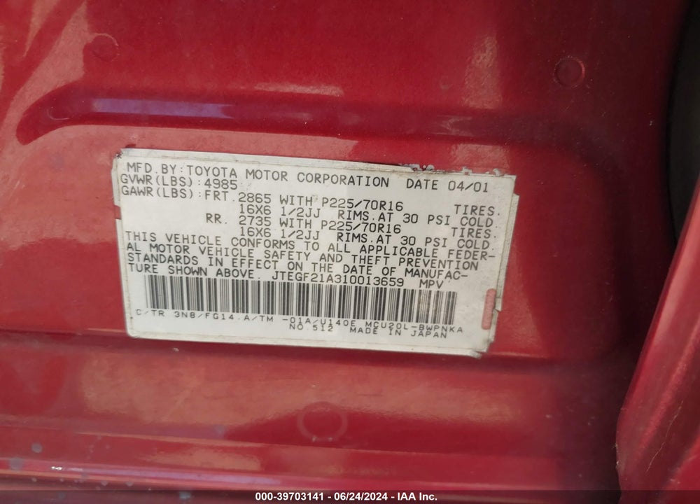 2001 TOYOTA HIGHLANDER V6 VIN: JTEGF21A310013659