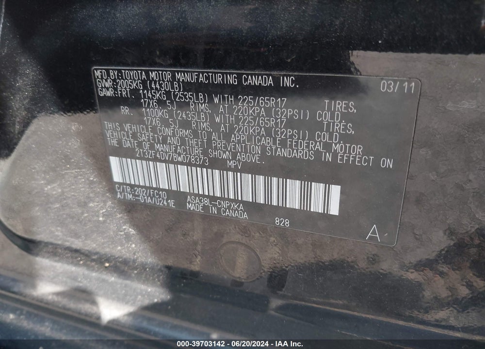 2011 TOYOTA RAV4 VIN: 2T3ZF4DV7BW078373