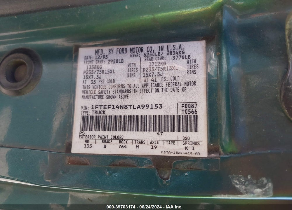 1996 FORD F150 VIN: 1FTEF14N8TLA99153