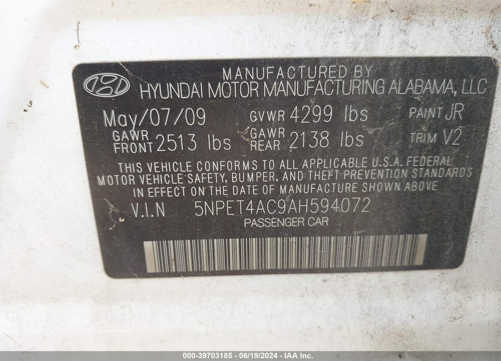 2010 HYUNDAI SONATA GLS VIN: 5NPET4AC9AH594072