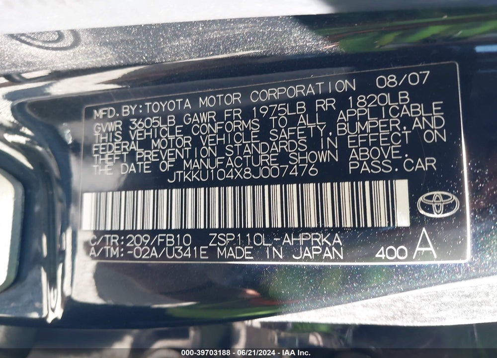 2008 SCION XD VIN: JTKKU104X8J007476